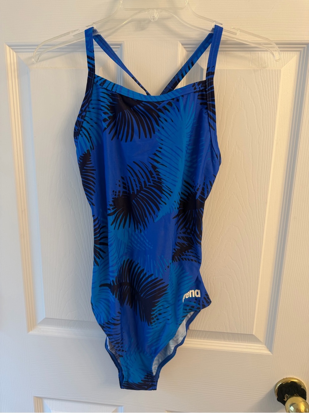 Arena Competition Training Blue/Black Palm-Print One-Piece Swimsuit- Size 36 NWT